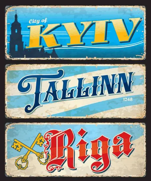 Vector illustration of Kyiv, Tallinn, Riga city travel stickers, plates