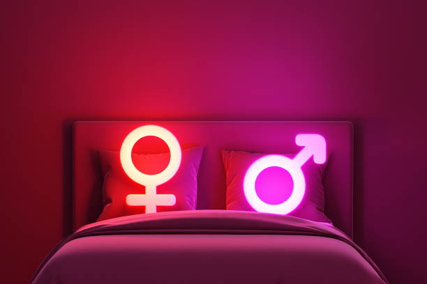 침대 더블 모텔 사랑 여성 남성 발렌타인 호텔 방 희미한 빛 네온 밝은 낭만적 인 밤 수면 커플 성교 관능적 인 에로틱 한 꿈꾸는 상징 테마 룸이있는 성별 기호. - sensuality 뉴스 사진 이미지