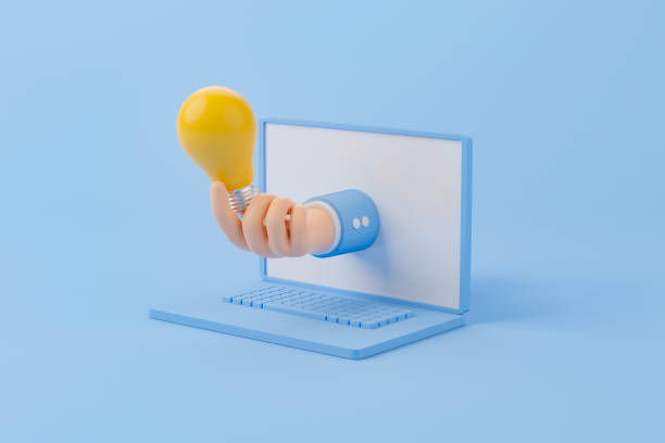 istock Hand holding lightbulb with computer laptop on background. Minimal design. Concept of creative idea and innovation. 3d render illustration 1418914354