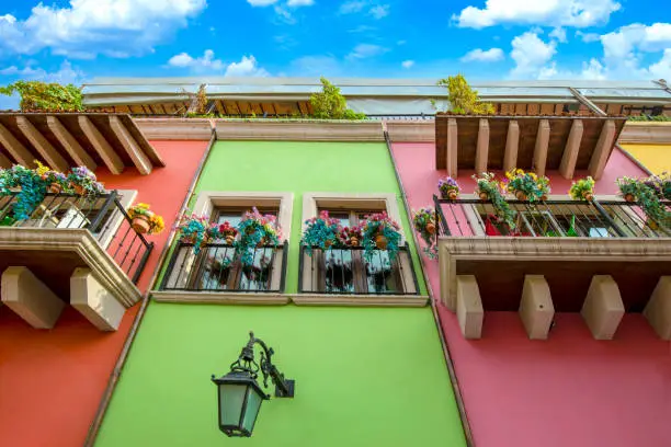 Photo of Mexico, Monterrey, colorful historic houses in Barrio Antiguo, a famous tourist attraction