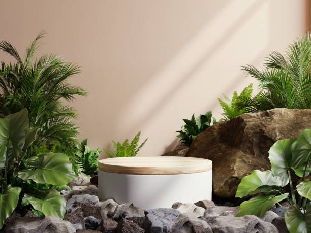 istock Empty stack podium in tropical forest for product presentation on cream color. 1418919318