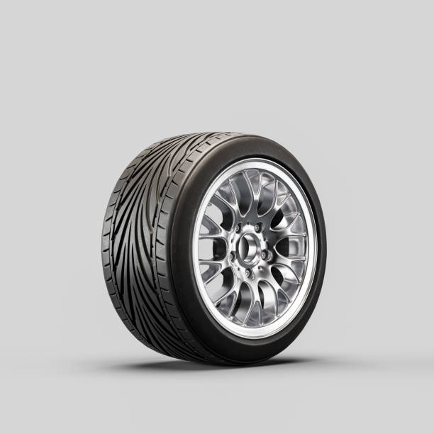 istock Car wheel on white background. Isolated car tire with shiny rim. Side view, 3d rendering 1418927610