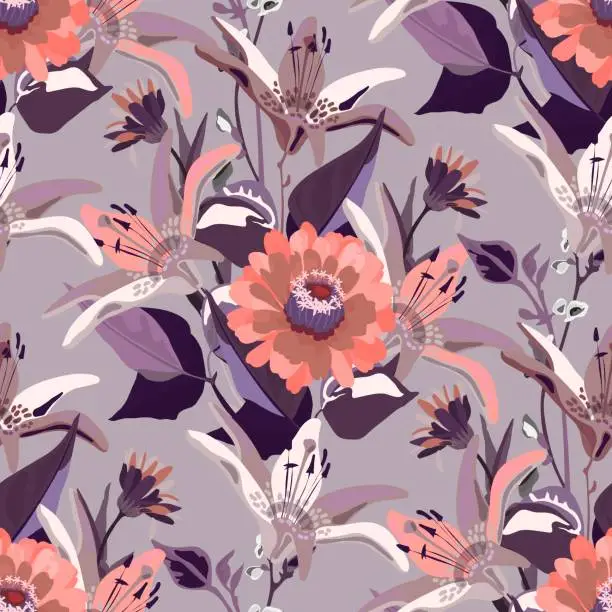 Vector illustration of Vector floral seamless pattern with purple and coral colored flowers.
