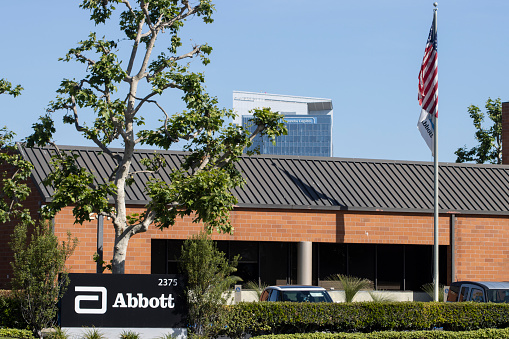 Irvine, CA, USA - May 6, 2022: Exterior view of the corporate campus of Abbott Laboratories, an American multinational medical devices and health care company, in Irvine, California.