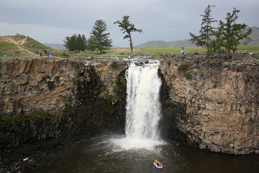 Orkhon waterfall in the middle of the vast steppe, Ovorkhangai, Mongolia.