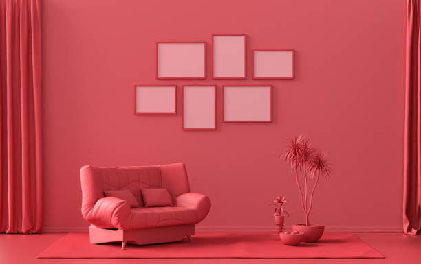 istock Poster frame background room in flat dark red with 6 frames, poster frame mock-up 1418929407