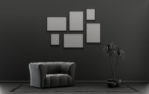 Wall mockup with six frames in solid flat pastel black and dark gray color, monochrome interior  and plants