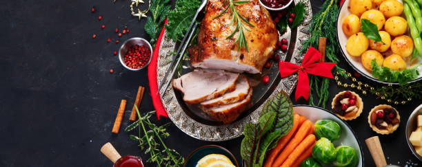 istock Traditional Christmas dinner on dark background. 1418929508