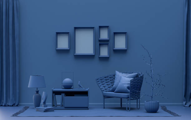 istock Flat color interior room for poster showcase with 5 frames, monochrome blue gallery wall 1418929516