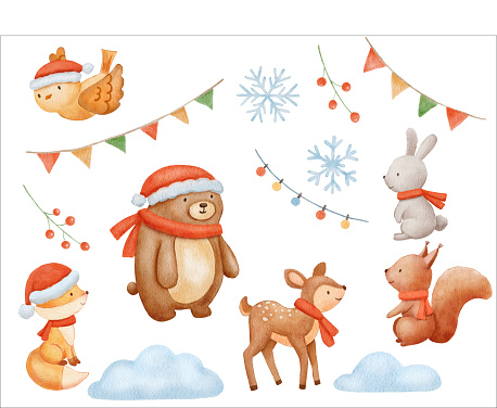 Watercolor Bear, deer, fox and bird characters with winter scarf and hat. Hand drawn cute woodland animal. Cartoon illustration isolated on white.
