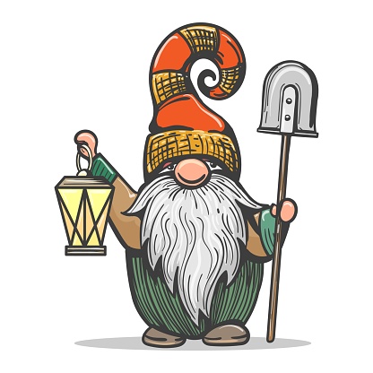 Dwarf miner. Gnome with shovel and lantern vector sketch isolated, cartoon bearded mining fairy character, comic cavern midget