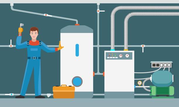 Home furnace installation Home furnace installation. House heater maintenance with boiler room interior and engineer, residencial heating technician repair work vector illustration electric heater stock illustrations