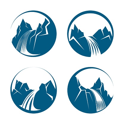 Waterfall icons. Mountains waterfalls illustration graphics, nature water flow from stones, cartoon cascading falls symbols for relaxing
