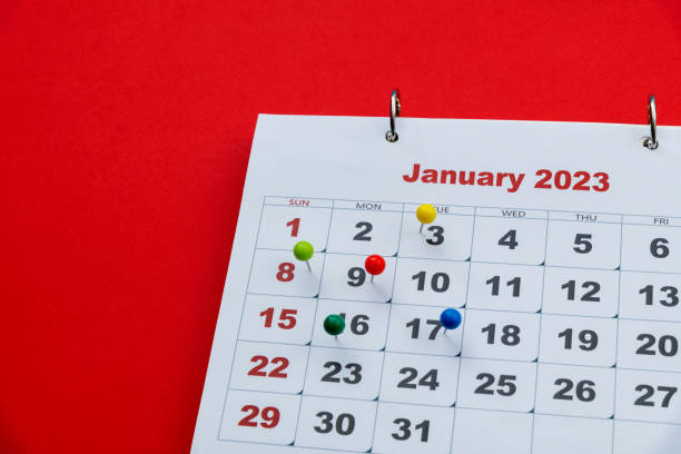 istock Colored pins on 2023 January calendar 1418934771