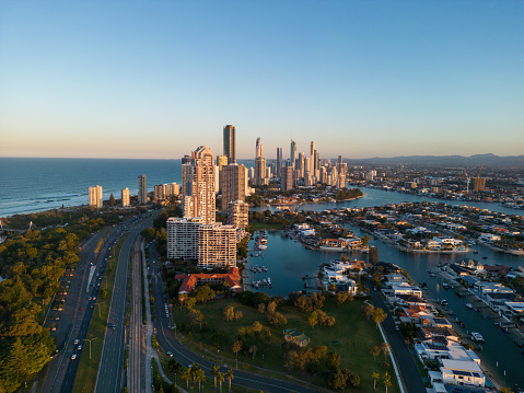 Late afternoon view of Surfers Paradise, Gold Coast and waterfront suburbs and canals