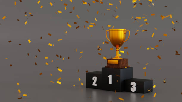 istock Gold champion trophy on winner 1, 2, 3 podium, stage for the first, second and third place, 3D rendering. 1418940709