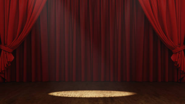 istock Empty Stage theater or opera with red curtain and Spotlight, 3D rendering. 1418940721