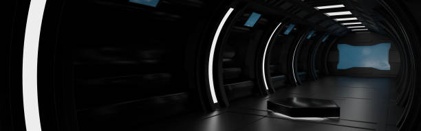 istock Pentagon podium in spaceship or space station interior Sci Fi tunnel, Banner header for Website,  3D rendering. 1418940766