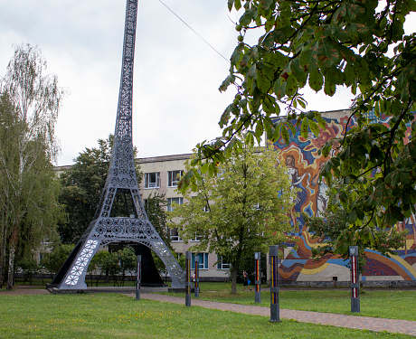 Zhytomyr, Ukraine - August 17, 2022: A Small Copy of the Eiffel Tower is Installed. The Area of the Engineering University in Ukraine, Where a Small Ukrainian-Style Replica of the Eiffel Tower is Installed.
