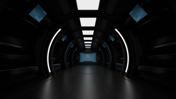 istock Inside spaceship or space station interior, Sci-Fi tunnel, corridor with empty space, 3D rendering 1418944067