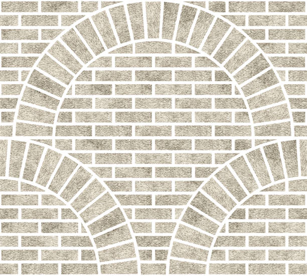 Brick wall with circular arches. Architectural vector seamless pattern from beige watercolor painted tiles