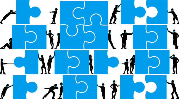 puzzles und masken - pushing pulling men silhouette stock-grafiken, -clipart, -cartoons und -symbole