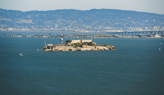 Alcatraz prison island in San Francisco seen at sunset in California, USA.