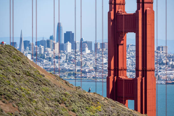 The Golden Gate Bridge structure seen in the foreground. In the background the financial district of San Francisco, California, USA.
