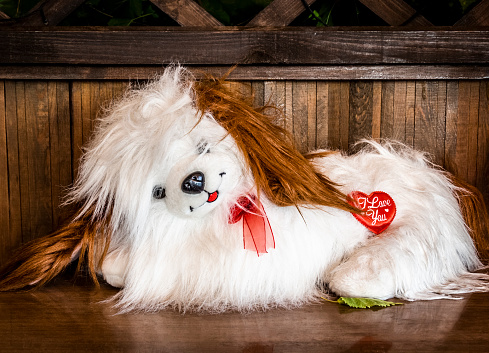 Children's woolen toy of a white dog with brown ears.
