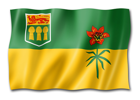 Saskatchewan province flag, Canada waving banner collection. 3D illustration