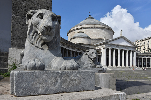The statue of a lion in the square called Plebiscito in Naples, the capital of the Campania region, Italy.