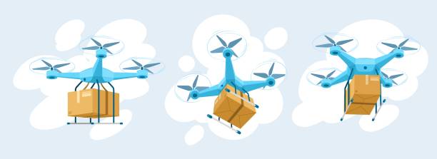 ilustrações, clipart, desenhos animados e ícones de drone para entrega aérea. entrega de drones robôs voadores, conceito de carregamento de robôs expressos. tecnologias modernas no transporte de cargas. ilustração vetorial de desenho animado - helicopter air vehicle business cargo container