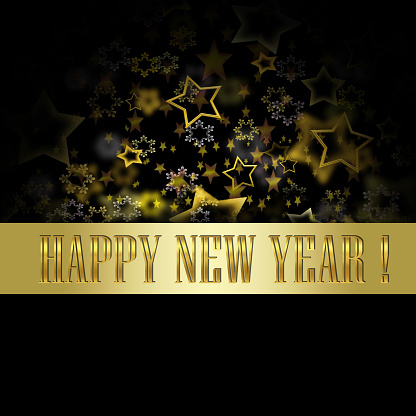 Happy New Year. Abstract black holiday background with golden star shapes, snowflakes and band. Place for your text, message, congratulation.