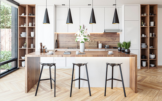 Cocina blanca moderna con isla de cocina rectangular con taburetes photo