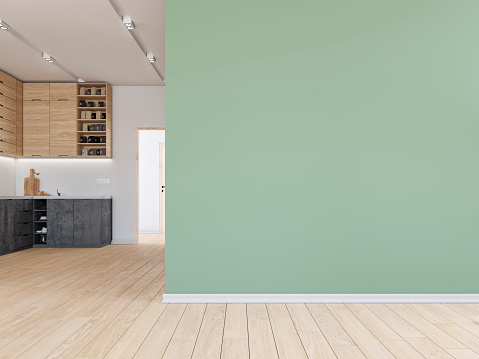 Empty living room with a potted plant monstera in front of a large pastel green plaster wall background and hardwood floor. A modern kitchen in the background with high wooden cabinets and anthracite lower kitchen cabinets on a white plaster wall.  A bright hallway with doors on the side of the kitchen led light reflectors on the ceiling. 3D rendered image.