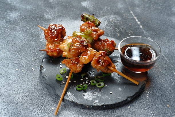 yakitori yakitori japanese grilled chiken, close up of chicken yakitori chicken skewer stock pictures, royalty-free photos & images