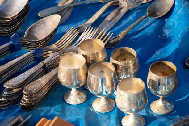istock Silver glasses and forks old antique, silverware antiques 1418966134