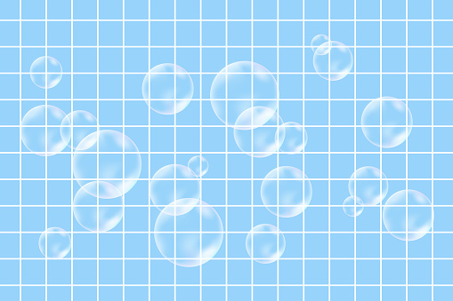 Vector soap bubble. Realistic soap bubble, glare on the background of tiles in the bathroom. Foam bubbles. Powder, soap, detergent. Vector illustration.