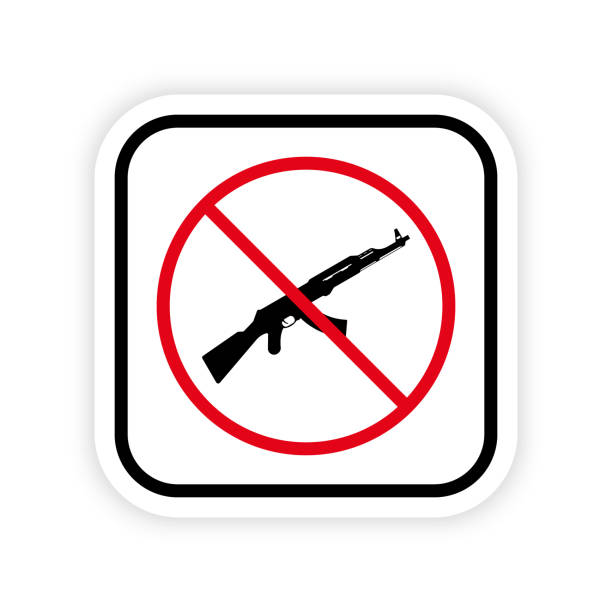 ilustrações de stock, clip art, desenhos animados e ícones de ak47 silhouette red stop symbol. no russian machine gun icon. weapon warning symbol. kalashnikov assault rifle ban sign. ak 47 prohibition sign. isolated vector illustration - gun rifle weapon ak 47