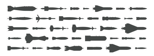 Air bomb top view icon. Black silhouette of aircraft rockets, ballistic missiles, torpedos, atomic warhead icons. Armament elements for military design. Isolated vector logos on white background. Air bomb top view icon. Black silhouette of aircraft rockets, ballistic missiles, torpedos, atomic warhead icons. Armament elements for military design. Isolated vector logos on white background Missile stock illustrations