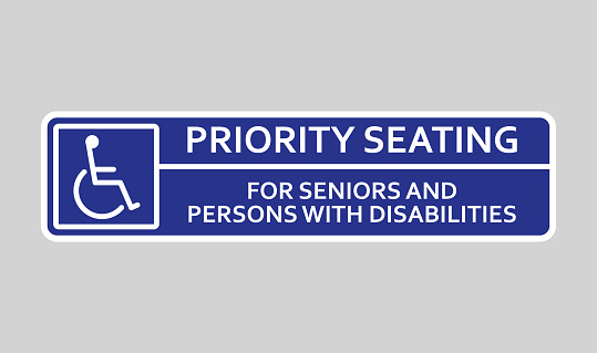 Priority seating sign in public transport for seniors and Disabilities person pictogram. Bus infographics, plate on blue background. Vector illustration