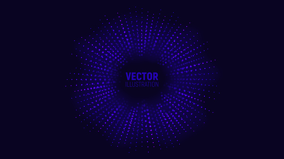 Futuristic light particles explosion. Abstract vector illustration with glowing particles with depth of field effect. Big Data concept. HUD Design Element. Concept of cyber tunnel in cyberspace.