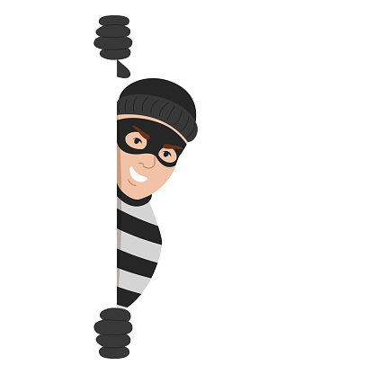 Criminal looking out of corner vector isolated. Illustration of a thief hiding behind the wall. Dangerous character in mask smirks.