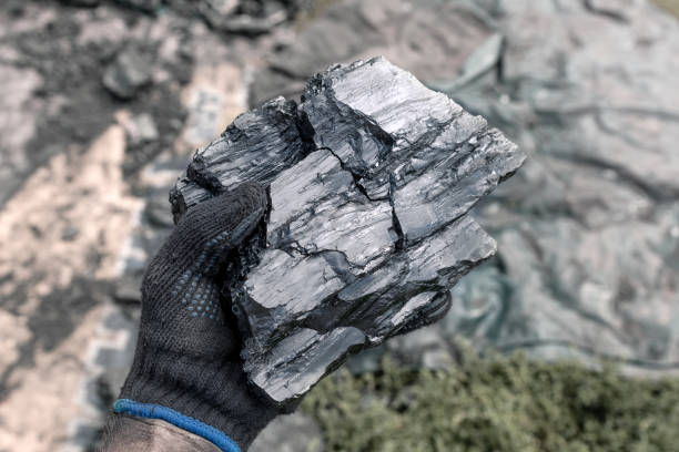 istock Piece of coal in a man's hand on a blurred background. 1418980005