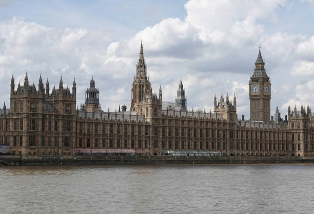 the houses of parliament on the river thames in london, uk. - crane skyline uk tower of london imagens e fotografias de stock