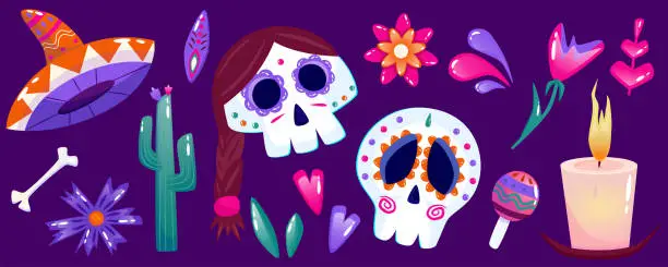 Vector illustration of Los muertos, skull catrina with flower and hat isolated. Cartoon vector illustration. Halloween costume. Dia de los muertos mexican design. Candle, cactus and maracas bright color.