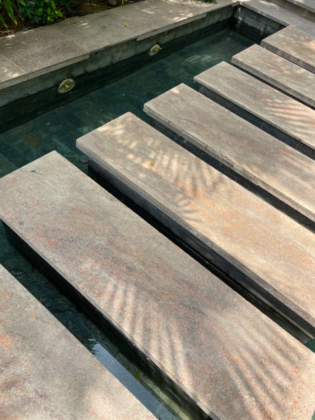 istock Full frame image of rectangular stepping stones crossing formal, tiled garden pond, paved pathways, flowerbed shrubs, water reflection, elevated view, focus on foreground 1418990835