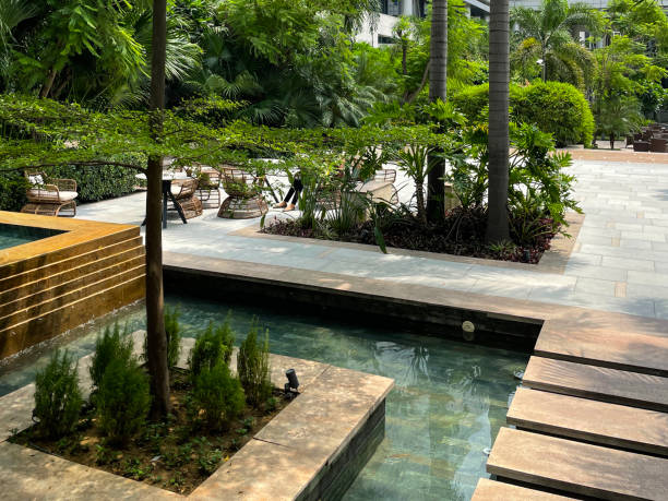 Architectural walkway surrounded by trees