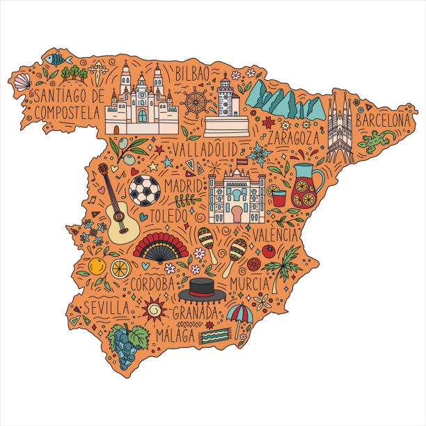 stylized doodle illustrated map of spain. landmarks, attractions and cities. travel concept. vector illustration. - murcia stock illustrations