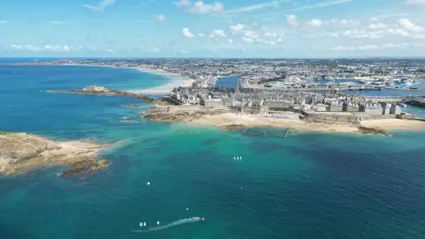 The aerial view of Saint-Malo, a historic French port in Ille-et-Vilaine, Brittany, France.